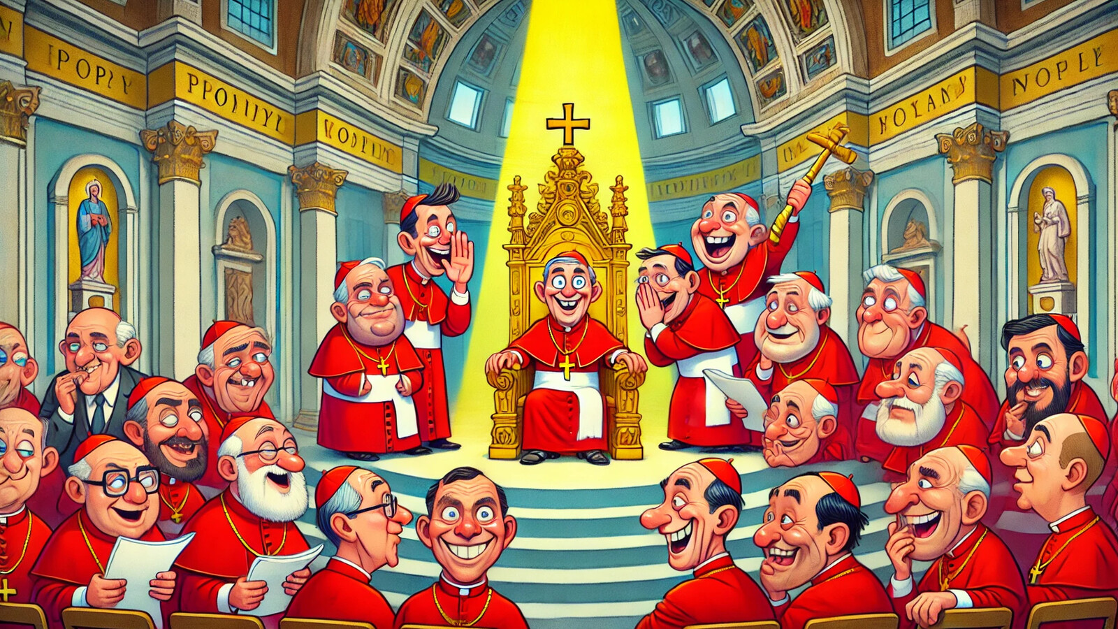 a humorous and colorful cartoon depicting the election of a new pope in the vatican